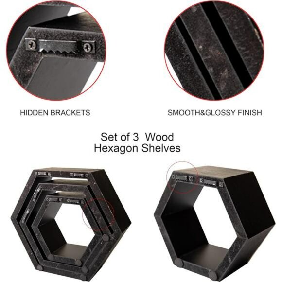 Set of 3 hexagon wall shelves wood floating honeycomb shelf rustic wall decor - Picture 7 of 8